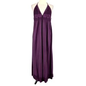 Lucky Brand Embroidered Cotton Halter Maxi Dress Cottagecore Boho Purple SZ Med